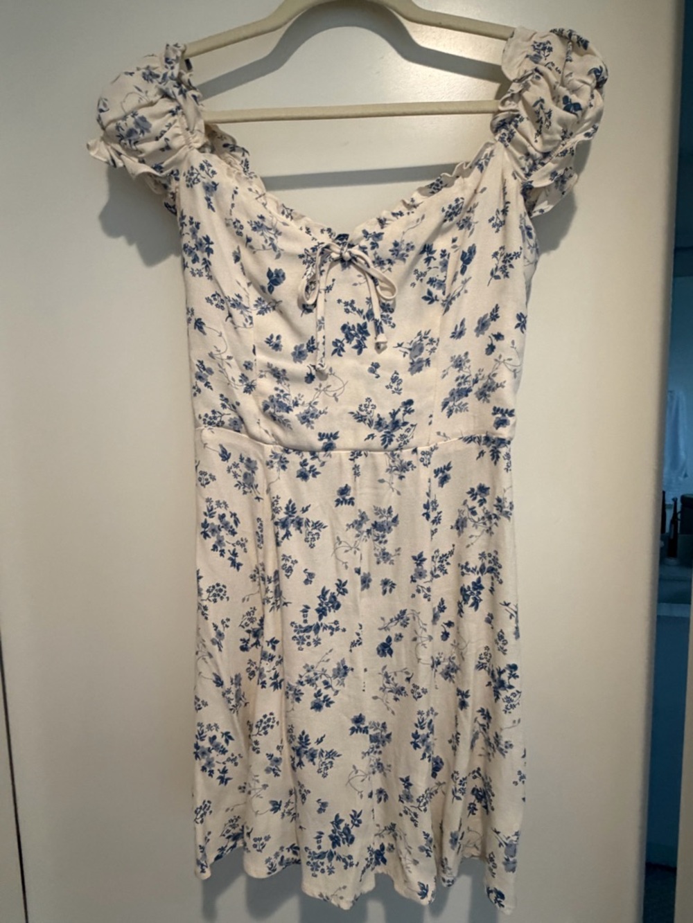 Reformation White Mini Dress with Blue Floral Print